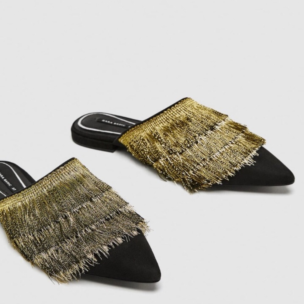 ZARA flat mules with fringe size 6